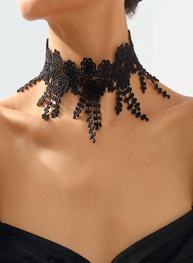 Rannyrena Gothic Lace Flower Choker Necklace Wide Short Collar Necklace Black White Braided Floral Necklace Boho Party Accessory for Women (Black) - Image 2